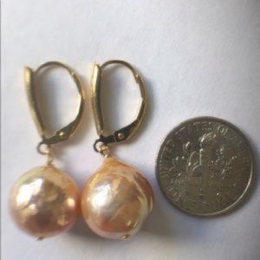 Edison (Kasumi-Like) 12mm Pearls 14K Gold Filled Shield Leverbacks - Picture 6 of 8